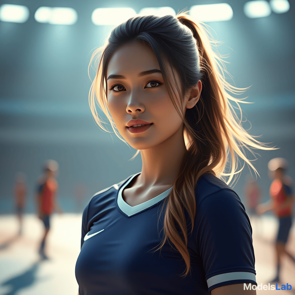  create a picture of a sporting event, in the center is a beautiful, young, athletic woman of asian type. in the background you can see other athletes in a stadium hyperrealistic, full body, detailed clothing, highly detailed, cinematic lighting, stunningly beautiful, intricate, sharp focus, f/1. 8, 85mm, (centered image composition), (professionally color graded), ((bright soft diffused light)), volumetric fog, trending on instagram, trending on tumblr, HDR 4K, 8K