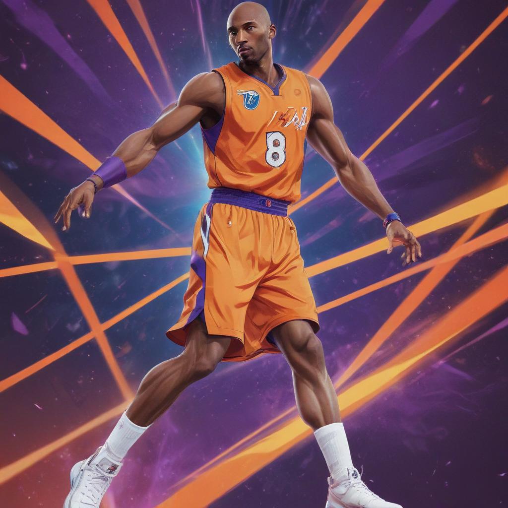 distance-shot, flashy, full-body, dynamic, holographic, animated cartoon poster of kobe in the style of dragon ball super