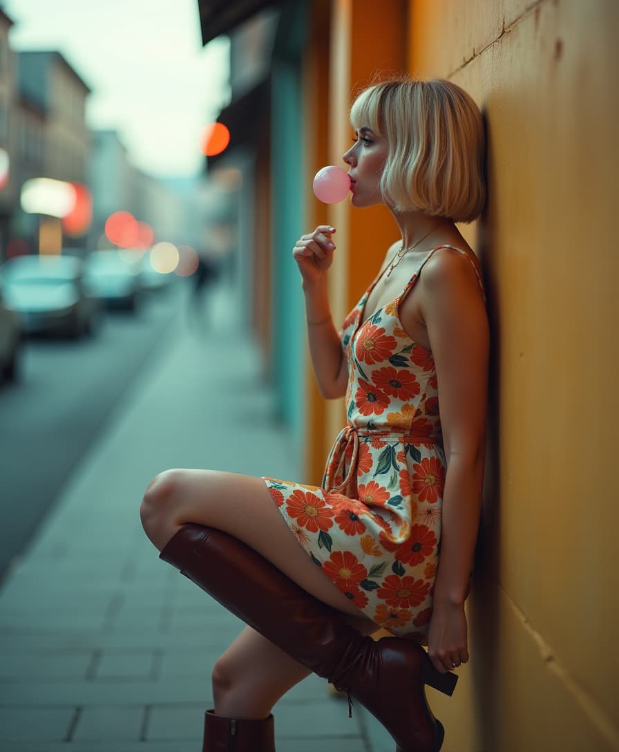  cinematic photo a blonde woman with bob hair leans the wall with one high up leg. she chewing a bubblegum and making a bubble. she wears in a floral dress with knee high boots. full body, side view, fashoin photoshoot. . 35mm photograph, film, bokeh, professional, 4k, highly detailed