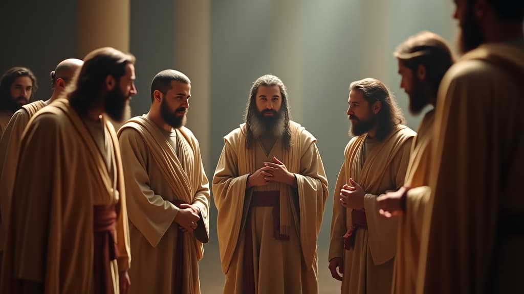  history of biblical times, a scene capturing aaron and his surviving sons being admonished about the rules of their priestly duties, with a backdrop of the tabernacle. hyperrealistic, full body, detailed clothing, highly detailed, cinematic lighting, stunningly beautiful, intricate, sharp focus, f/1. 8, 85mm, (centered image composition), (professionally color graded), ((bright soft diffused light)), volumetric fog, trending on instagram, trending on tumblr, HDR 4K, 8K