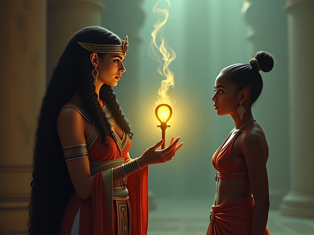  an ancient goddess offering a glowing ankh to a person, sense of audacity and reward, atmosphere of being unapologetically oneself. the style is digital art illustration / modern comic book / mysterious occult, symbolic, esoteric vibe,high detail on character design, incorporating ancient egyptian symbology and attire. hyperrealistic, full body, detailed clothing, highly detailed, cinematic lighting, stunningly beautiful, intricate, sharp focus, f/1. 8, 85mm, (centered image composition), (professionally color graded), ((bright soft diffused light)), volumetric fog, trending on instagram, trending on tumblr, HDR 4K, 8K