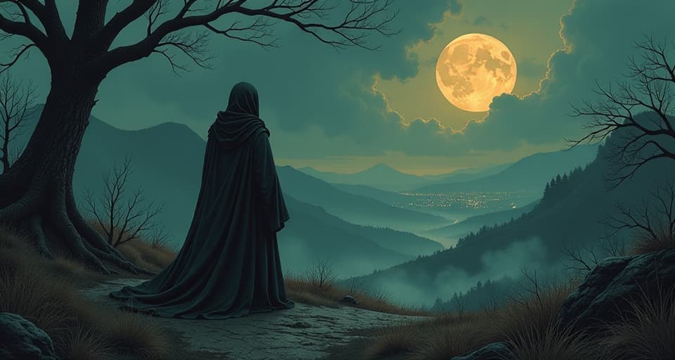  a robed figure on a journey, twilight landscape, distant city of lights, path shrouded in mist, contemplative, serene. an illustration in the style of a worn, mystical old tarot trump card, mysterious and elements of surrealism. the colors are muted, somber and eerie, but with contrast bring out an occult and esoteric vibe.