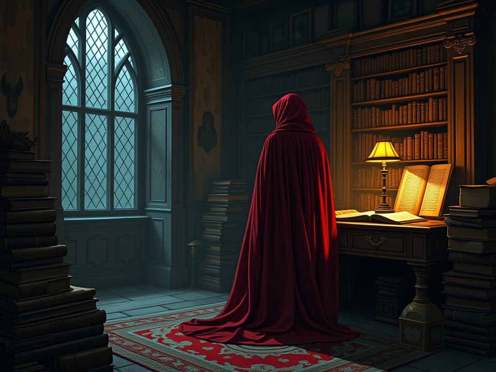  old study, figure in red robe, surrounded by dusty books and scrolls, light from a single lamp, pondering priorities and goals. the style is digital art illustration / modern comic book / graphic dark novel fantasy and mysterious occult, symbolic, moody lighting, esoteric vibe,high detail on character design. for the color scheme emphasize blacks and reds.