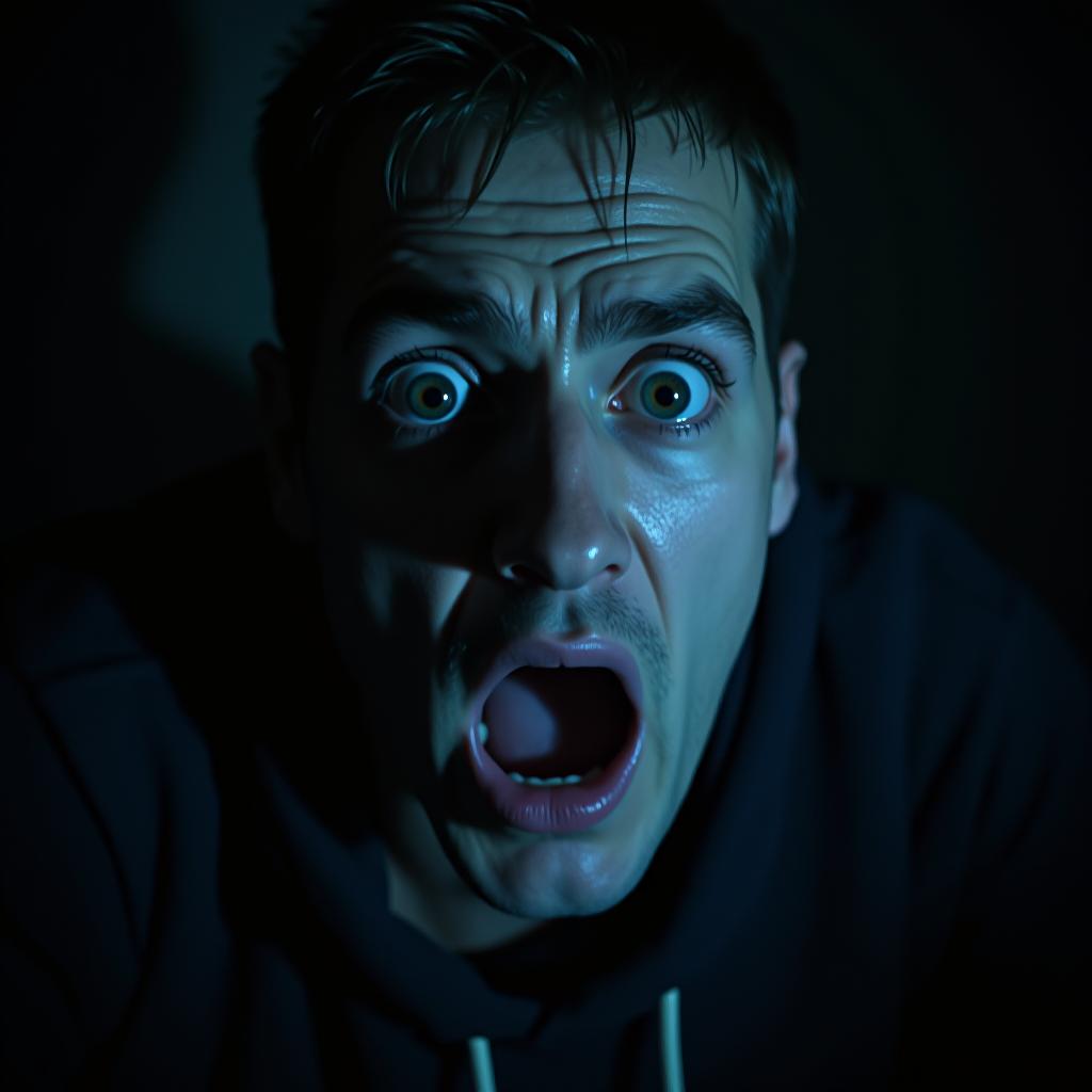  create a high quality, photorealistic image that vividly depicts the following scene: a chillingly realistic depiction of a dark, shadow filled room, seen from the viewpoint of a visibly terrified man, home alone. his wide, fear filled eyes reflect the flickering lights and his face shows the horror the whispers have invoked. mysterious shadows envelope the room and dance eerily on the wall. his surroundings display a mix of messy everyday chaos and uncanny stillness poised in a timeless moment. subtle traces of an otherworldly figure loom in the shadow, barely discernible and yet unmistakably there. exquisite sharpness, lowlight ambiance, atmospheric cinematic lighting, shot on arri alexa mini lf, zeiss lenses, f/2.8, iso 800, 1/120s, hyperrealistic, full body, detailed clothing, highly detailed, cinematic lighting, stunningly beautiful, intricate, sharp focus, f/1. 8, 85mm, (centered image composition), (professionally color graded), ((bright soft diffused light)), volumetric fog, trending on instagram, trending on tumblr, HDR 4K, 8K