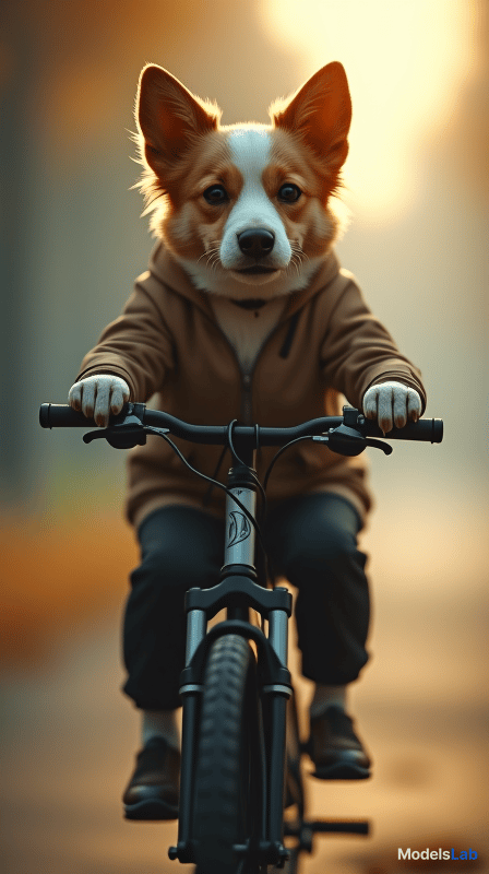  a dog riding a bike hyperrealistic, full body, detailed clothing, highly detailed, cinematic lighting, stunningly beautiful, intricate, sharp focus, f/1. 8, 85mm, (centered image composition), (professionally color graded), ((bright soft diffused light)), volumetric fog, trending on instagram, trending on tumblr, HDR 4K, 8K