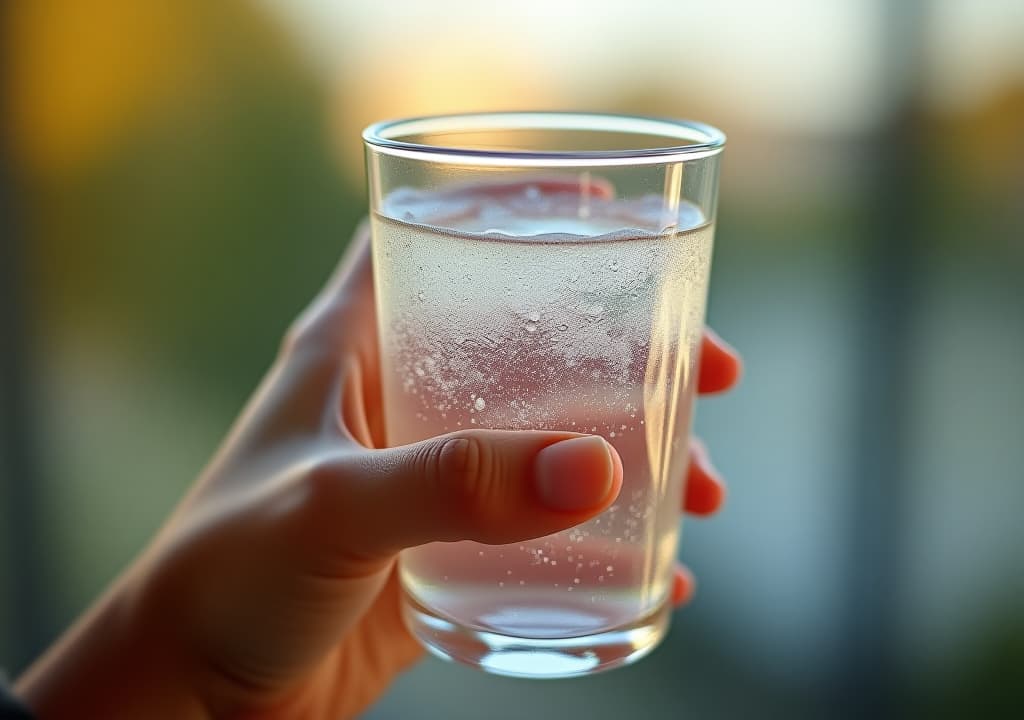  a close up of a hand holding a glass filled with sparkling water, capturing the refreshing sensation and bubbly texture.