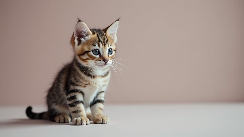  professional detailed photography, small striped cute kitten on a colored background, empty space for text on the right ar 16:9, (muted colors, dim colors, soothing tones), (vsco:0.3)