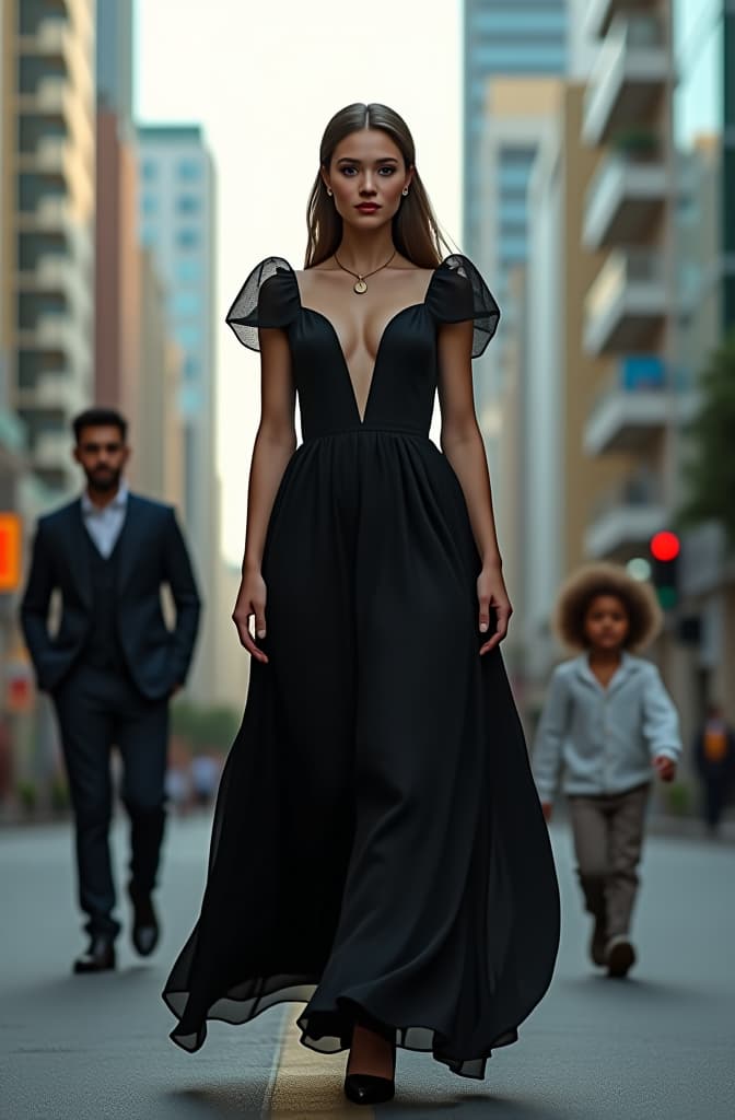  no fundo uma cidade moderna com uma mistura de luzes e sombras. dois homens e 3 crianças na rua atrás deles. uma mulher poderosa como se estivesse andando, com um vestido preto longo e cabelo longo segurando um colar hyperrealistic, full body, detailed clothing, highly detailed, cinematic lighting, stunningly beautiful, intricate, sharp focus, f/1. 8, 85mm, (centered image composition), (professionally color graded), ((bright soft diffused light)), volumetric fog, trending on instagram, trending on tumblr, HDR 4K, 8K