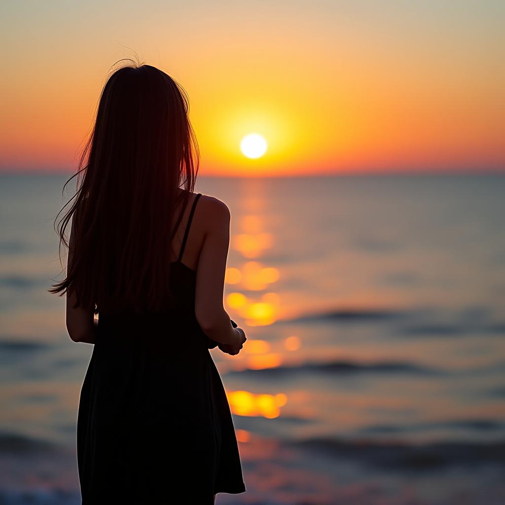  a brunette girl with long dark hair in a black dress stands by the sea, facing away from us against the backdrop of a sunset with a camera in her hands.