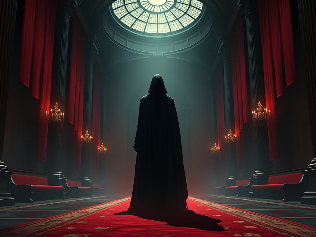  a specter haunting a grand hall, lingering shadows, sense of regret, lost opportunities.. the style is dark fantasy and mysterious occult, symbolic, moody lighting, esoteric vibe,high detail on character design. for the color scheme emphasize blacks and reds.