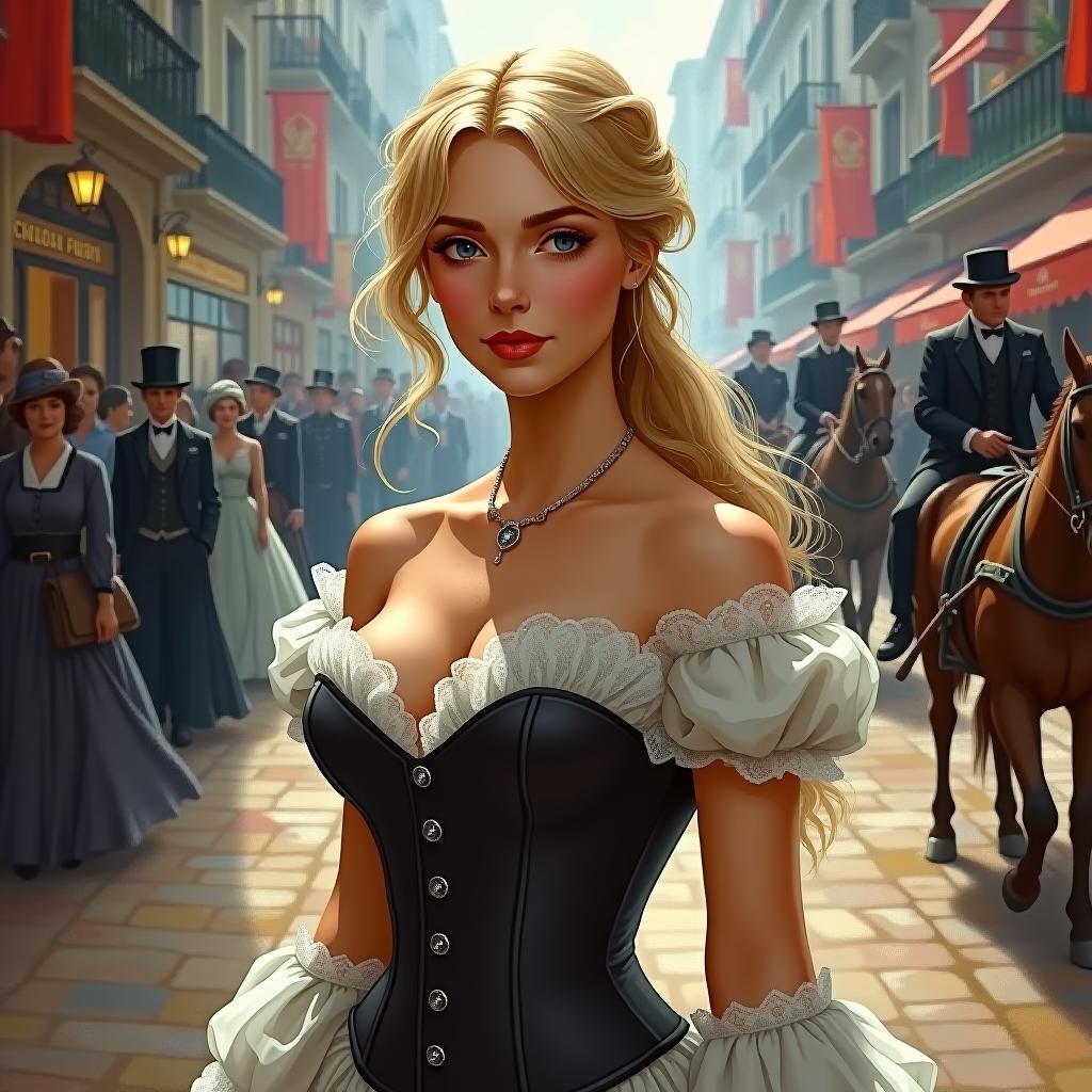  a nostalgic scene from the 1890s with a high resolution painting of a captivating blonde woman. she is dressed in a shoulder bearing corset and a lace adorned dress with iridescent light, reflecting shades of blue, green, and violet. the woman stands out against a backdrop of a bustling street with horse drawn carriages, people in period clothing, and buildings with intricate architectural details.