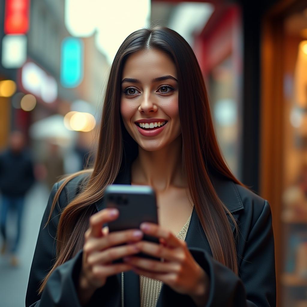  cinematic photo realistic image. beautiful tall slim woman looks at the phone with a joyfully surprised face, eyes wide open, the background is the street, shop windows, high resolution, 4k . 35mm photograph, film, bokeh, professional, 4k, highly detailed hyperrealistic, full body, detailed clothing, highly detailed, cinematic lighting, stunningly beautiful, intricate, sharp focus, f/1. 8, 85mm, (centered image composition), (professionally color graded), ((bright soft diffused light)), volumetric fog, trending on instagram, trending on tumblr, HDR 4K, 8K