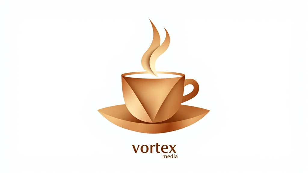  design a logo, in a origami style. watercolor style, logo of a coffee cup, brown gradient colors, white background, with the text 'vortex media'.