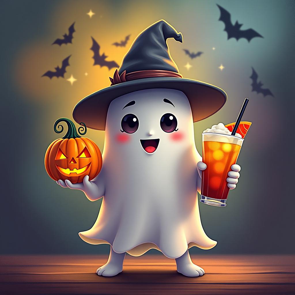  create a digital painting featuring a cute ghost character. the ghost should be wearing a hat. in one hand, the ghost should hold a pumpkin with a carved face, and in the other hand, a halloween themed drink. the background should be colorfull and include small black bats and stars to add a playful halloween touch. the overall style should be cute, whimsical, and colorful hyperrealistic, full body, detailed clothing, highly detailed, cinematic lighting, stunningly beautiful, intricate, sharp focus, f/1. 8, 85mm, (centered image composition), (professionally color graded), ((bright soft diffused light)), volumetric fog, trending on instagram, trending on tumblr, HDR 4K, 8K