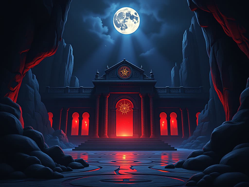  ancient temple illuminated by beams of moonlight, celestial symbols carved into the stone, ambiance of divine guidance. the style is digital art illustration / modern comic book / graphic dark novel fantasy and mysterious occult, symbolic, moody lighting, esoteric vibe,high detail on character design. for the color scheme emphasize blacks and reds.