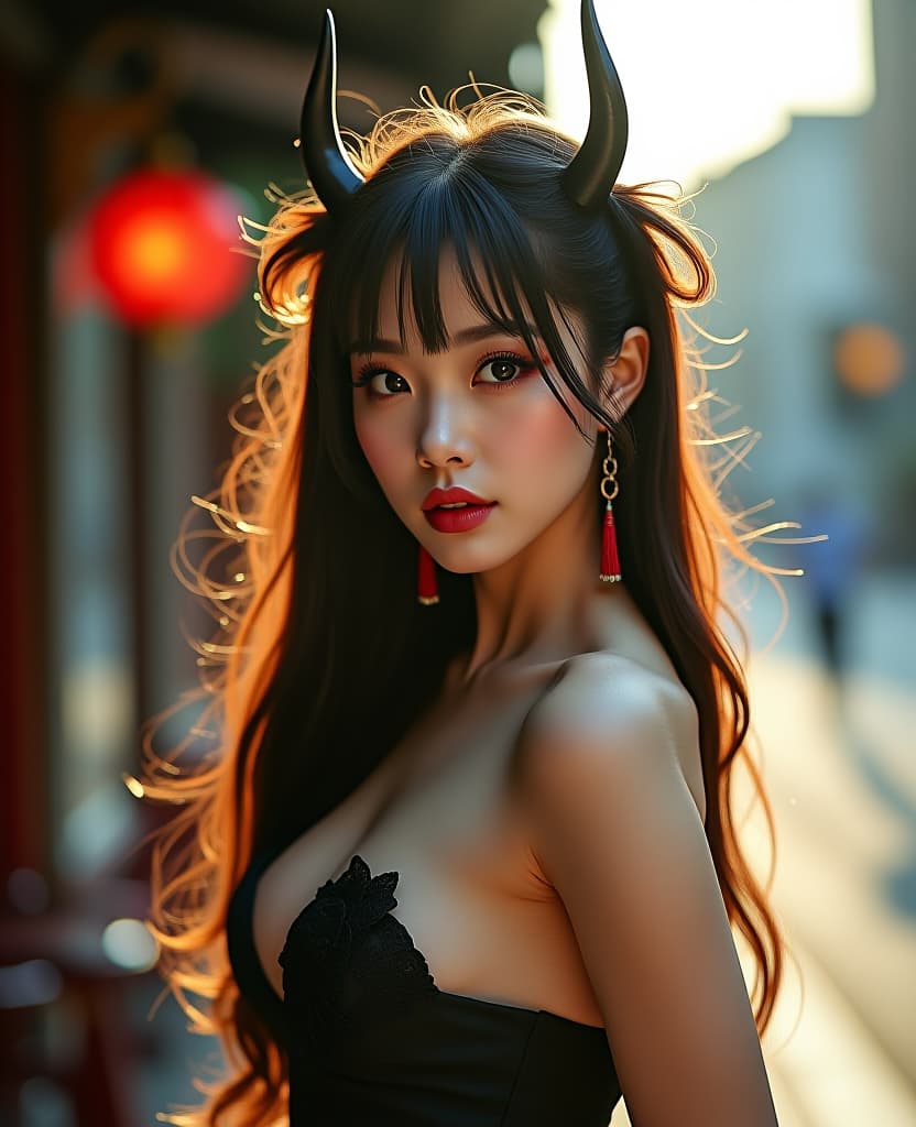  (masterpiece), (best quality), (ultra detailed), full body portrait of a 30 korean chinese woman with long hair styled into two neat ids. she is cosplaying as strapless huge age succubus with demon horns the late afternoon sunlight casts dynamic shadows, emphasizing the fluidity of her lewdness and the urban energy of the scene., high budget, bokeh, cinemascope, moody, epic, gorgeous, ilration, disheveled hair, detailed eyes, perfect composition, moist skin, intricate details, earrings, cinematic still. farmlands afternoon sunlight casts dynamic shadows, emphasizing the fluidity of her movement and the urban energy of the scene., high budget, bokeh, cinemascope, moody, epic, gorgeous . emotional, harmonious, vign