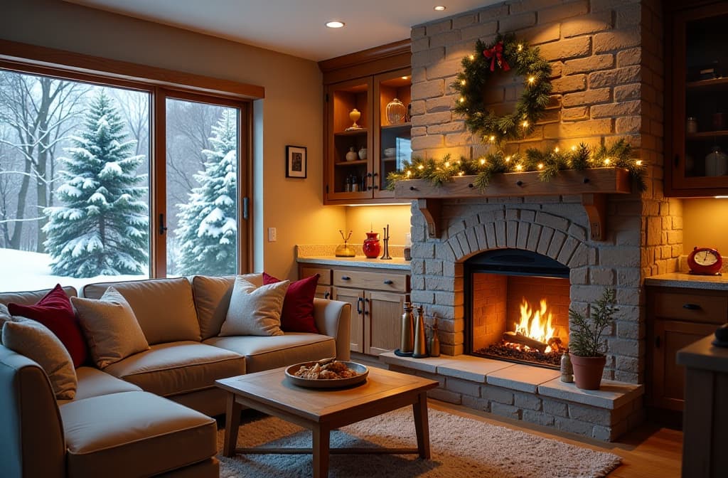  real estate photography style christmas cozy kitchen with fireplace interior of a private house, modern cozy style, glow garland, snow . professional, inviting, well lit, high resolution, property focused, commercial, highly detailed