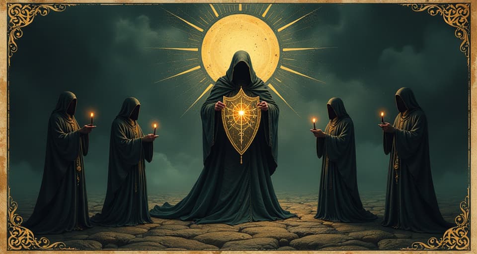  divine shield, dark surrounding figures, light reflecting off holy symbols, sense of divine protection, atmosphere of spiritual safeguard. an illustration in the style of a worn, mystical old tarot trump card, mysterious and elements of surrealism. the colors are muted, somber and eerie, but with contrast bring out an occult and esoteric vibe.