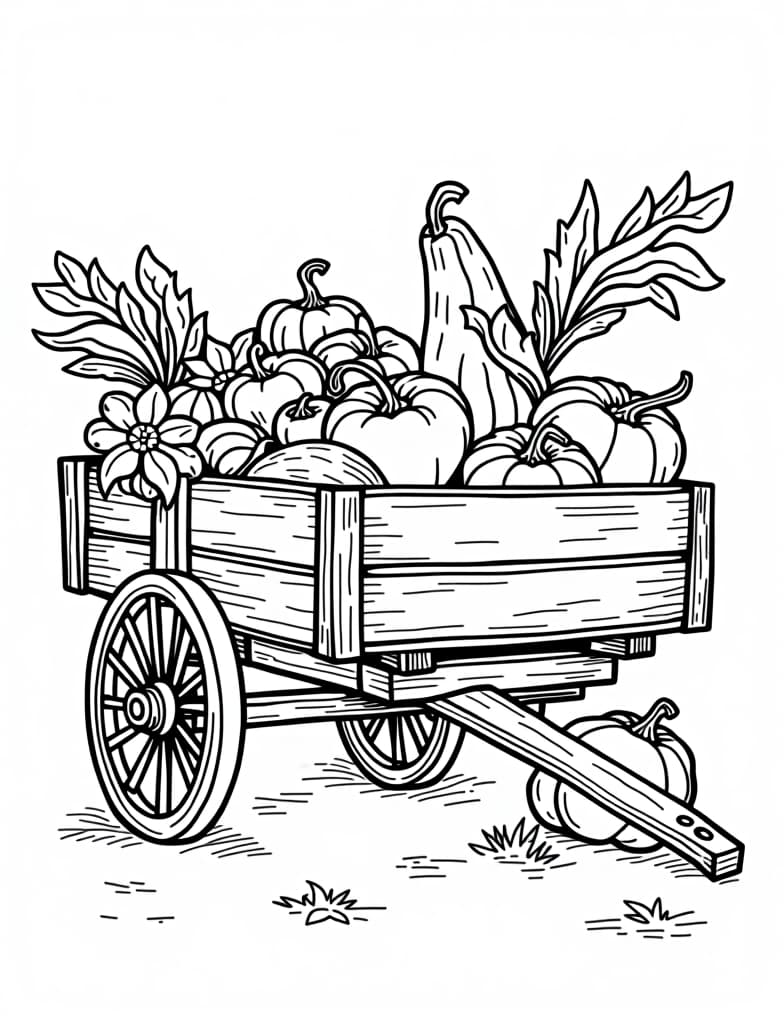  a rustic wooden cart filled with harvest vegetables, black and white line art on a white background, for an adult coloring page.