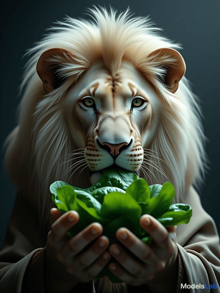  an elegant platinum lion eating spinach hyperrealistic, full body, detailed clothing, highly detailed, cinematic lighting, stunningly beautiful, intricate, sharp focus, f/1. 8, 85mm, (centered image composition), (professionally color graded), ((bright soft diffused light)), volumetric fog, trending on instagram, trending on tumblr, HDR 4K, 8K