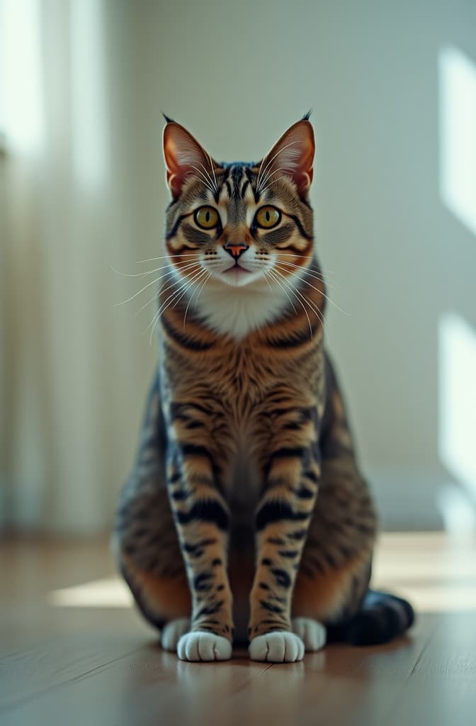  cat on the parket floor, white walls hyperrealistic, full body, detailed clothing, highly detailed, cinematic lighting, stunningly beautiful, intricate, sharp focus, f/1. 8, 85mm, (centered image composition), (professionally color graded), ((bright soft diffused light)), volumetric fog, trending on instagram, trending on tumblr, HDR 4K, 8K