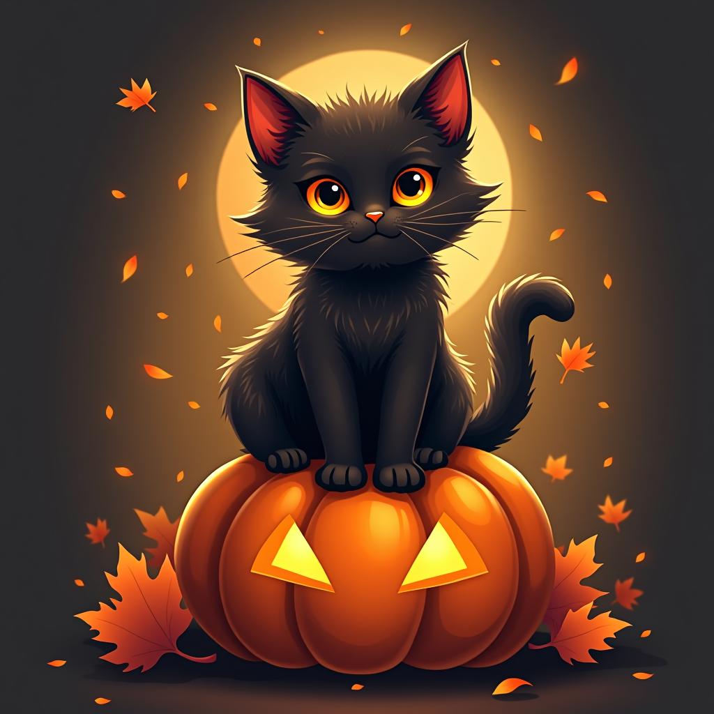  a cute black cat with glowing eyes sitting on a pumpkin, surrounded by swirling autumn leaves in a whimsical style, with warm, moody lighting. t shirt design, vector, contour, white background, no mockup hyperrealistic, full body, detailed clothing, highly detailed, cinematic lighting, stunningly beautiful, intricate, sharp focus, f/1. 8, 85mm, (centered image composition), (professionally color graded), ((bright soft diffused light)), volumetric fog, trending on instagram, trending on tumblr, HDR 4K, 8K