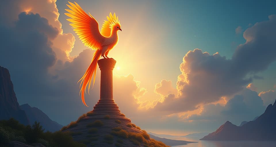  a mystical phoenix perched atop a bright pillar, its feathers glowing with divine light. below, a tranquil magical landscape illustrates the sanctifying force guiding choices that honor god.. the style is digital art illustration,highly detailed, whimsical,magical, dreamlike atmosphere, realism and fantasy blend, smooth, glossy textures,luminous quality, wonder and enchantment.