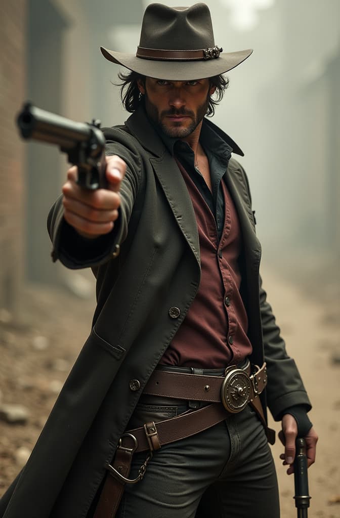  male gunslinger, dirty clothes, wield a revolver in his left hand and a sword on the right hyperrealistic, full body, detailed clothing, highly detailed, cinematic lighting, stunningly beautiful, intricate, sharp focus, f/1. 8, 85mm, (centered image composition), (professionally color graded), ((bright soft diffused light)), volumetric fog, trending on instagram, trending on tumblr, HDR 4K, 8K