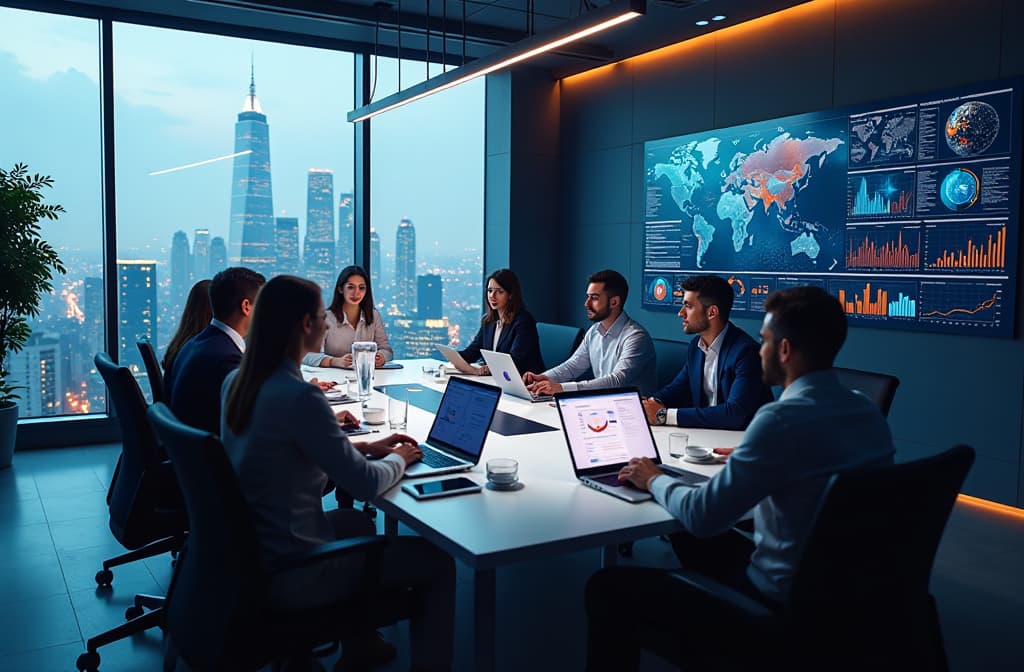  "an elegantly designed modern office space filled with diverse professionals collaborating around a high tech conference table. monitors display dynamic data visualizations and artificial intelligence analytics. the walls are adorned with innovative project boards showcasing ai solutions for various industries. a large window reveals a bustling city skyline, symbolizing growth and technological advancement. the atmosphere is vibrant and inspiring, emphasizing teamwork and innovation in the realm of ai consulting." hyperrealistic, full body, detailed clothing, highly detailed, cinematic lighting, stunningly beautiful, intricate, sharp focus, f/1. 8, 85mm, (centered image composition), (professionally color graded), ((bright soft diffused light)), volumetric fog, trending on instagram, trending on tumblr, HDR 4K, 8K