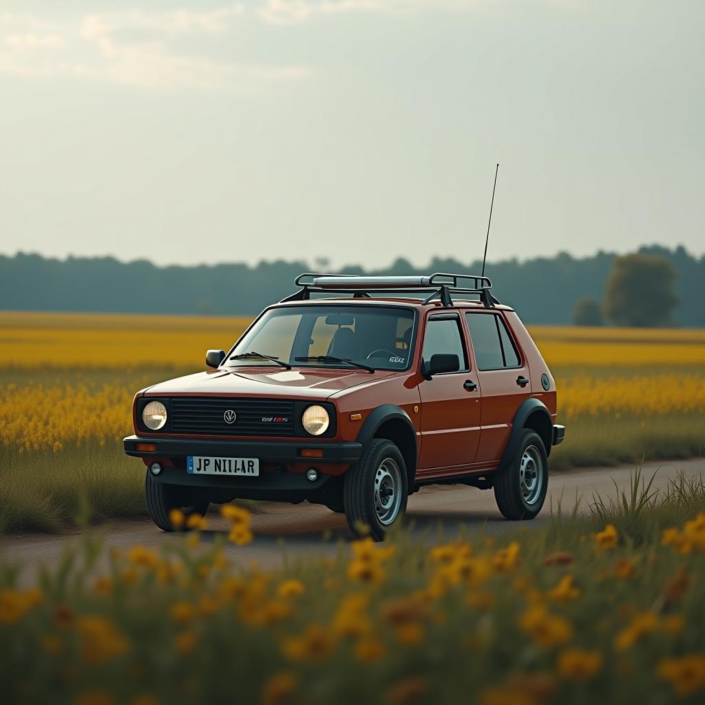  the niva car is driving along the field border with a white gnss antenna on the hood.