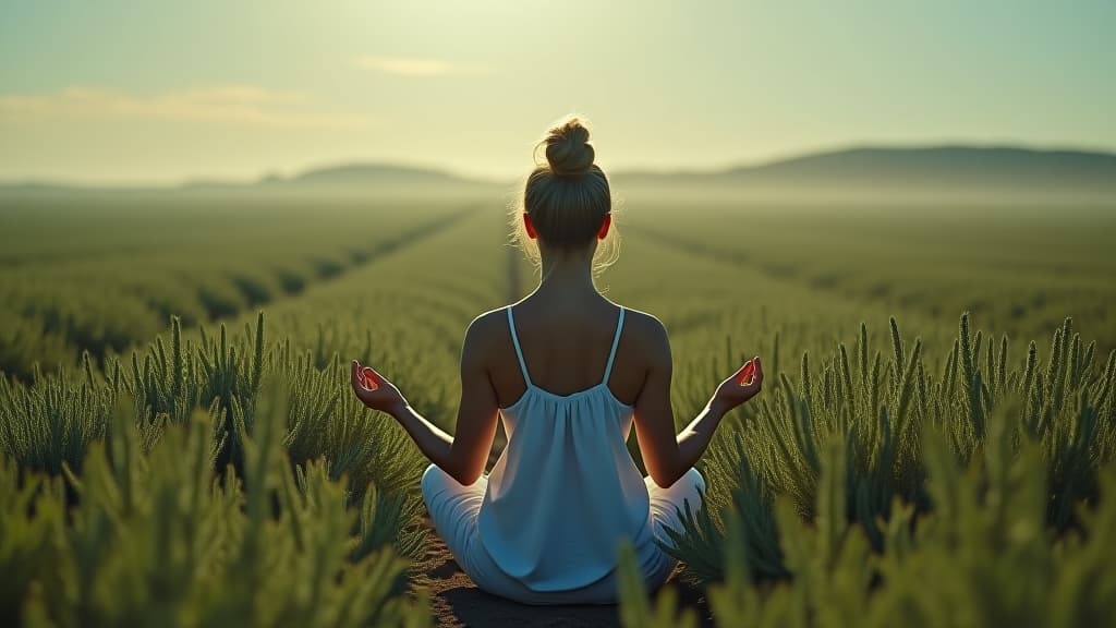  scenes about health and fitness, a person meditating in a field of rosemary, representing mental clarity and stress relief. hyperrealistic, full body, detailed clothing, highly detailed, cinematic lighting, stunningly beautiful, intricate, sharp focus, f/1. 8, 85mm, (centered image composition), (professionally color graded), ((bright soft diffused light)), volumetric fog, trending on instagram, trending on tumblr, HDR 4K, 8K