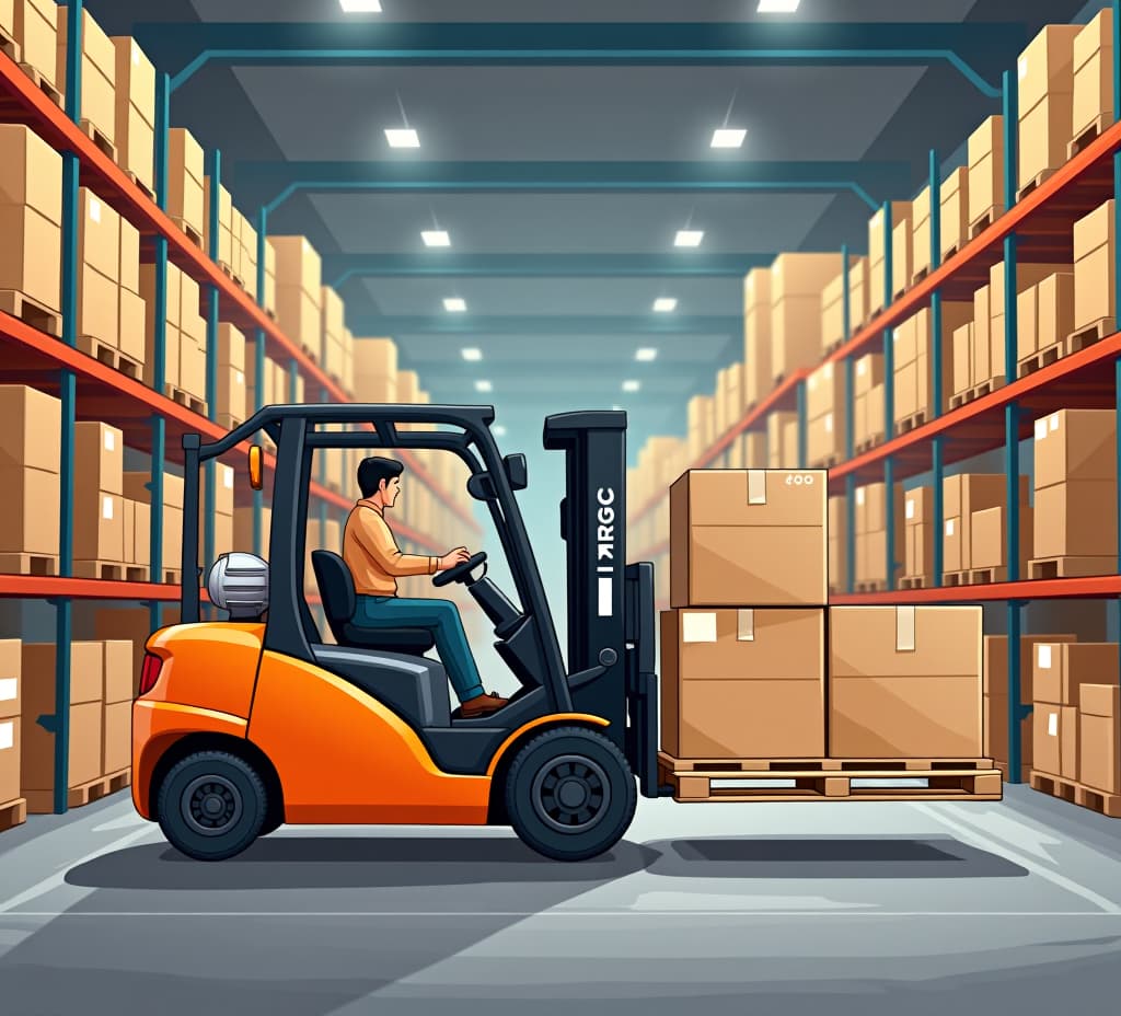  orange and black forklift truck lifting wooden pallet full of cartoon boxes in a warehouse full of containers and packages. industrial storage vehicle doing product distribution, storehouse logistics