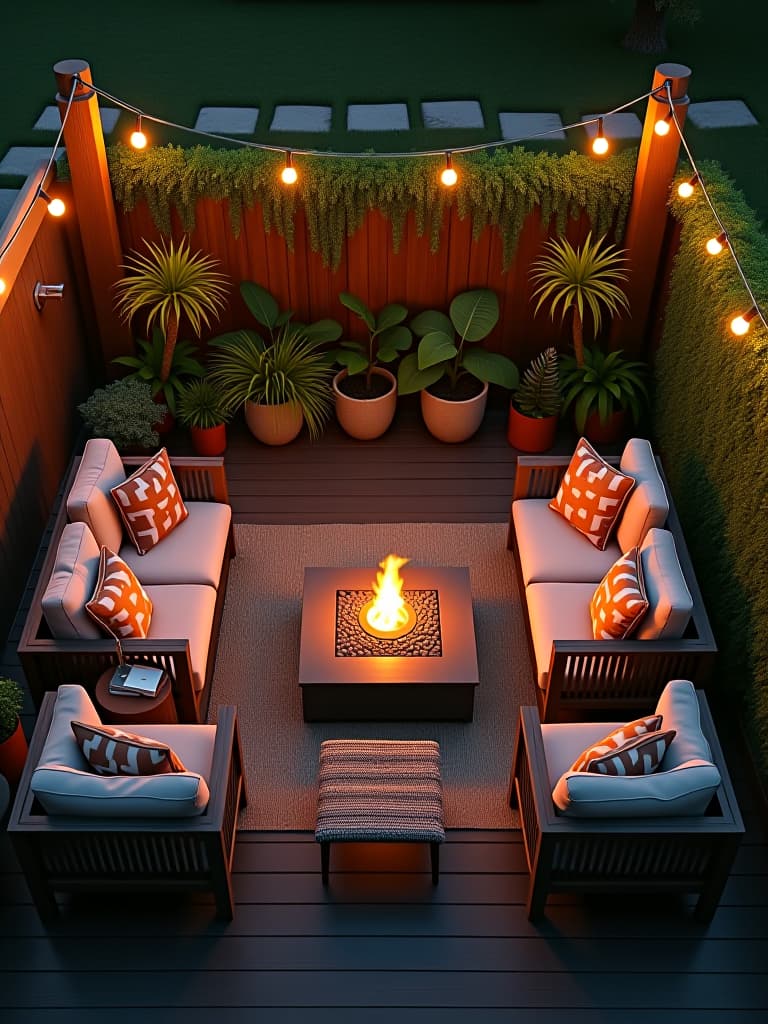  high quality portrait photo of a cozy outdoor living room setup with modular, weatherproof furniture in earth tones, surrounding a modern fire pit, framed by string lights and potted plants, viewed from above at twilight hyperrealistic, full body, detailed clothing, highly detailed, cinematic lighting, stunningly beautiful, intricate, sharp focus, f/1. 8, 85mm, (centered image composition), (professionally color graded), ((bright soft diffused light)), volumetric fog, trending on instagram, trending on tumblr, HDR 4K, 8K