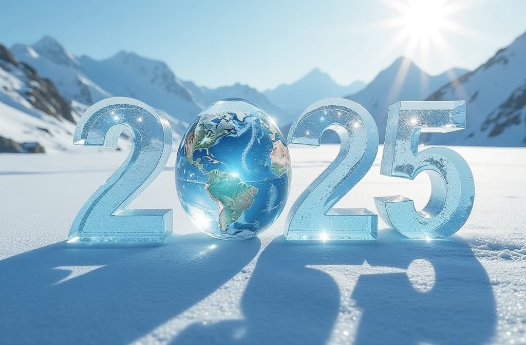  realistic foto style, numbers “2025” made from transparent ice, planet earth instant of “0”, top view of the numbers, snowy mountains in the background, sunny weather {prompt}, maximum details