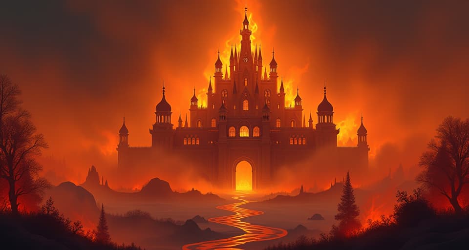  a majestic palace, ethereal and magical, enveloped in an all consuming wildfire, the structure starts to crumble, intense heat waves.. the style is digital art illustration,highly detailed, whimsical,magical, dreamlike atmosphere, realism and fantasy blend, smooth, glossy textures,luminous quality, wonder and enchantment.