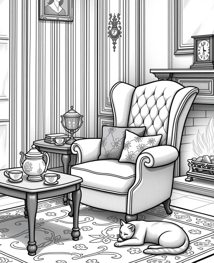  detailed coloring book page of a cozy victorian living room, with a large, high backed velvet armchair, adorned with embroidered cushions. the scene includes a glowing marble fireplace, with an antique clock on the mantel and a framed portrait on the wall. beside the armchair, a dark wood tea table holds a porcelain teapot and delicate cups. a cat is curled up on a persian rug near the fire, adding a warm, homey touch