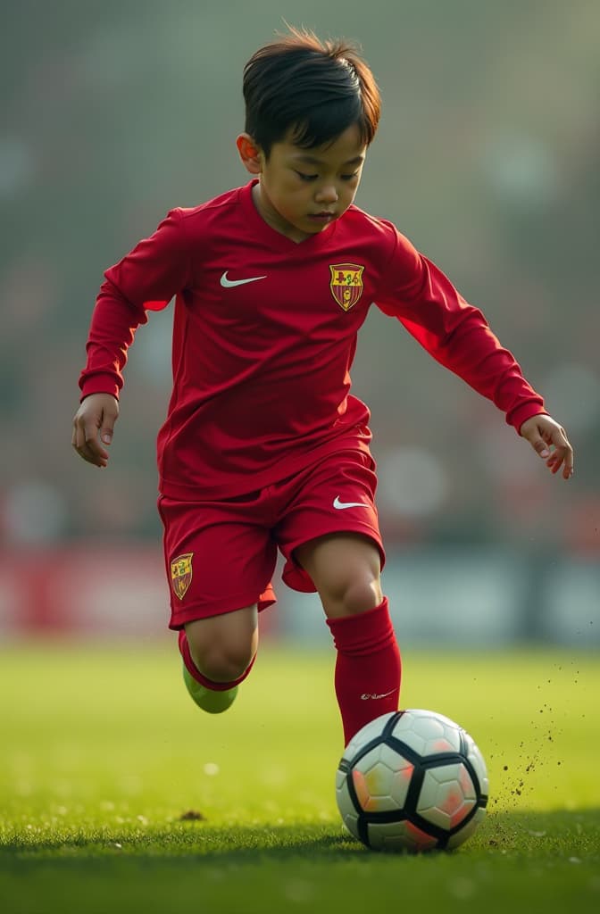  manga niño jugando futbol con uniforme rojo con logo de pumas hyperrealistic, full body, detailed clothing, highly detailed, cinematic lighting, stunningly beautiful, intricate, sharp focus, f/1. 8, 85mm, (centered image composition), (professionally color graded), ((bright soft diffused light)), volumetric fog, trending on instagram, trending on tumblr, HDR 4K, 8K