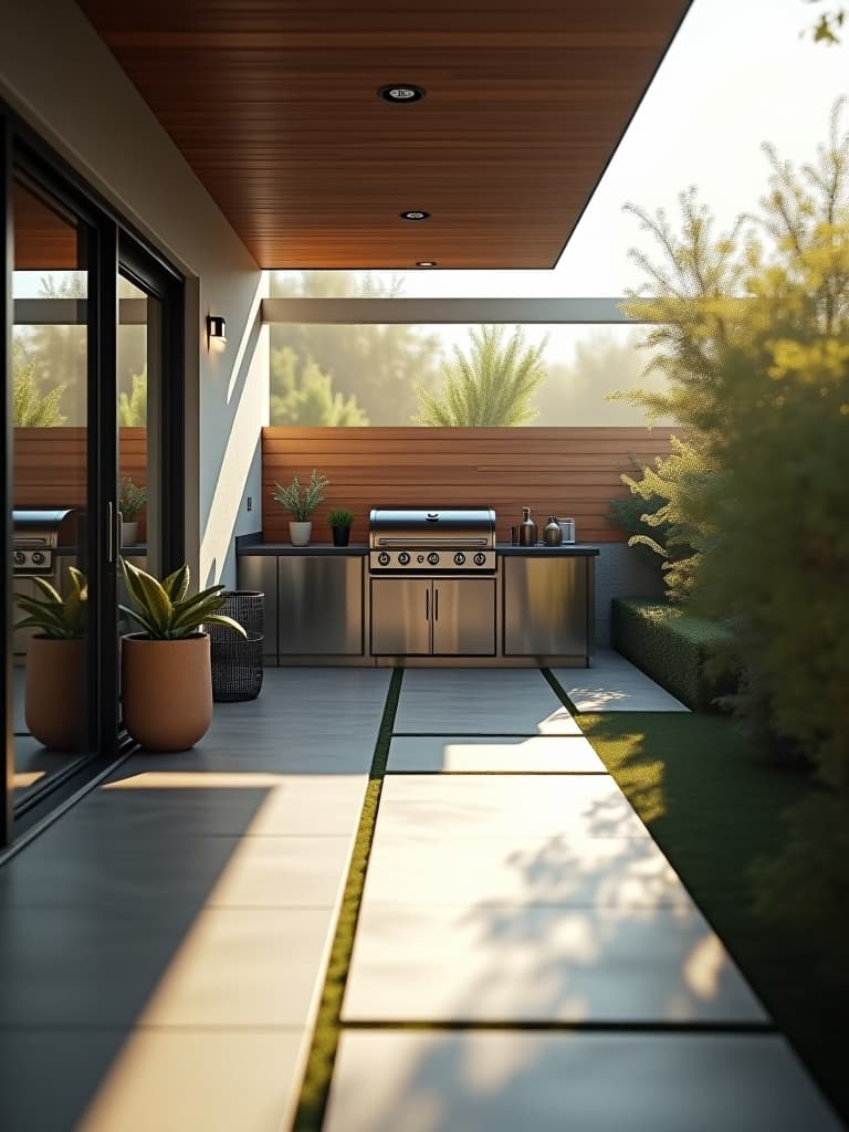  high quality portrait photo of a sleek, modern patio featuring a custom built smoker, stainless steel prep area, and a floating deck, set against a backdrop of minimalist landscaping, captured in soft morning light hyperrealistic, full body, detailed clothing, highly detailed, cinematic lighting, stunningly beautiful, intricate, sharp focus, f/1. 8, 85mm, (centered image composition), (professionally color graded), ((bright soft diffused light)), volumetric fog, trending on instagram, trending on tumblr, HDR 4K, 8K