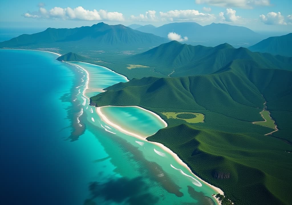  aerial view of jamaica showing the blue mountains, lush green forests, white sandy beaches, and turquoise caribbean waters, with a small inset map showing jamaica's location in the caribbean sea., in the style of photographic hyperrealistic, full body, detailed clothing, highly detailed, cinematic lighting, stunningly beautiful, intricate, sharp focus, f/1. 8, 85mm, (centered image composition), (professionally color graded), ((bright soft diffused light)), volumetric fog, trending on instagram, trending on tumblr, HDR 4K, 8K