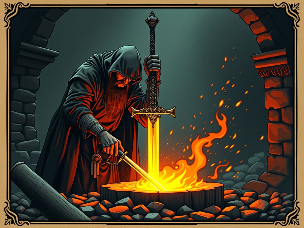  an intense forge, flames burning bright, a blacksmith hammering a glowing sword, sparks flying, dark backdrop, forging strength, soul's fire. an illustration in the style of a worn, mystical old tarot trump card, mysterious and elements of surrealism. the colors are muted, somber and eerie, but with contrast bring out an occult and esoteric vibe.