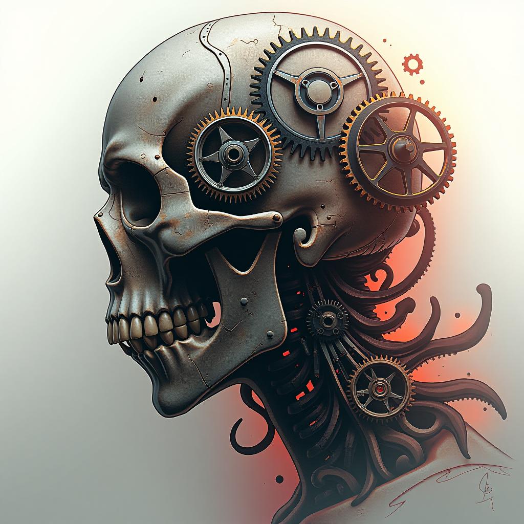  biomechanical tattoo style with a skull and gearsbiomechanical tattoo style with a skull and gears. generate a professional tattoo illustration. the tattoo should be isolated and centered. place the tattoo in the center on a solid white background. tattoo with hyperrealistic, full body, detailed clothing, highly detailed, cinematic lighting, stunningly beautiful, intricate, sharp focus, f/1. 8, 85mm, (centered image composition), (professionally color graded), ((bright soft diffused light)), volumetric fog, trending on instagram, trending on tumblr, HDR 4K, 8K