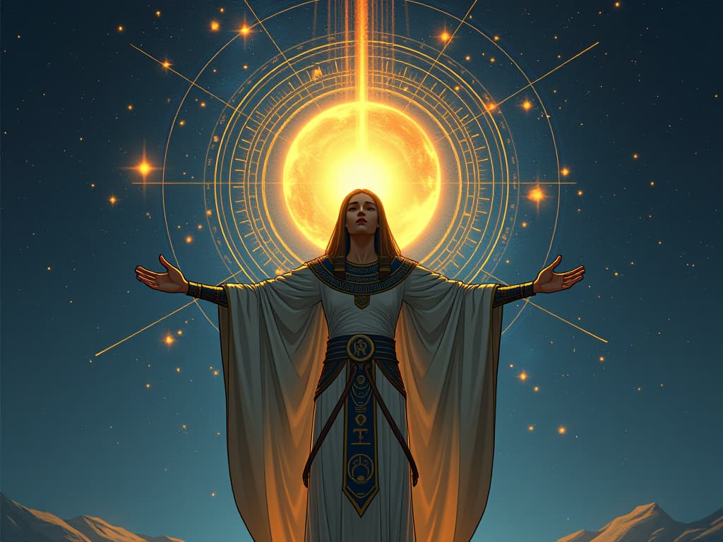  a celestial scene with glittering constellations and a radiant figure at the center, arms outstretched, symbolizing shining brightly. the style is digital art illustration / modern comic book / mysterious occult, symbolic, esoteric vibe,high detail on character design, incorporating ancient egyptian symbology and attire.