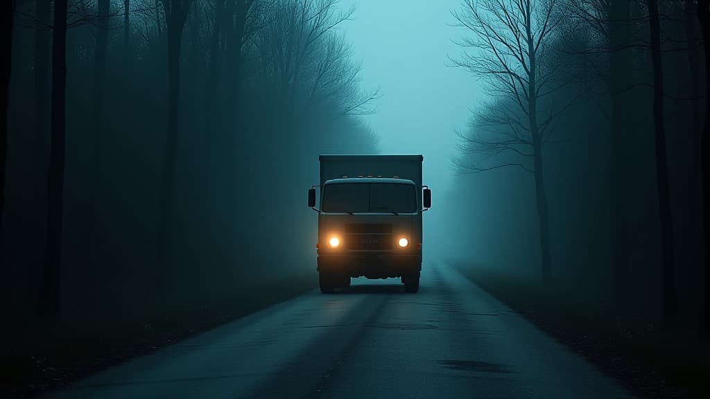  images about horror stories, a truck on a secluded road, with dark shadows lurking around it, creating an eerie atmosphere. hyperrealistic, full body, detailed clothing, highly detailed, cinematic lighting, stunningly beautiful, intricate, sharp focus, f/1. 8, 85mm, (centered image composition), (professionally color graded), ((bright soft diffused light)), volumetric fog, trending on instagram, trending on tumblr, HDR 4K, 8K