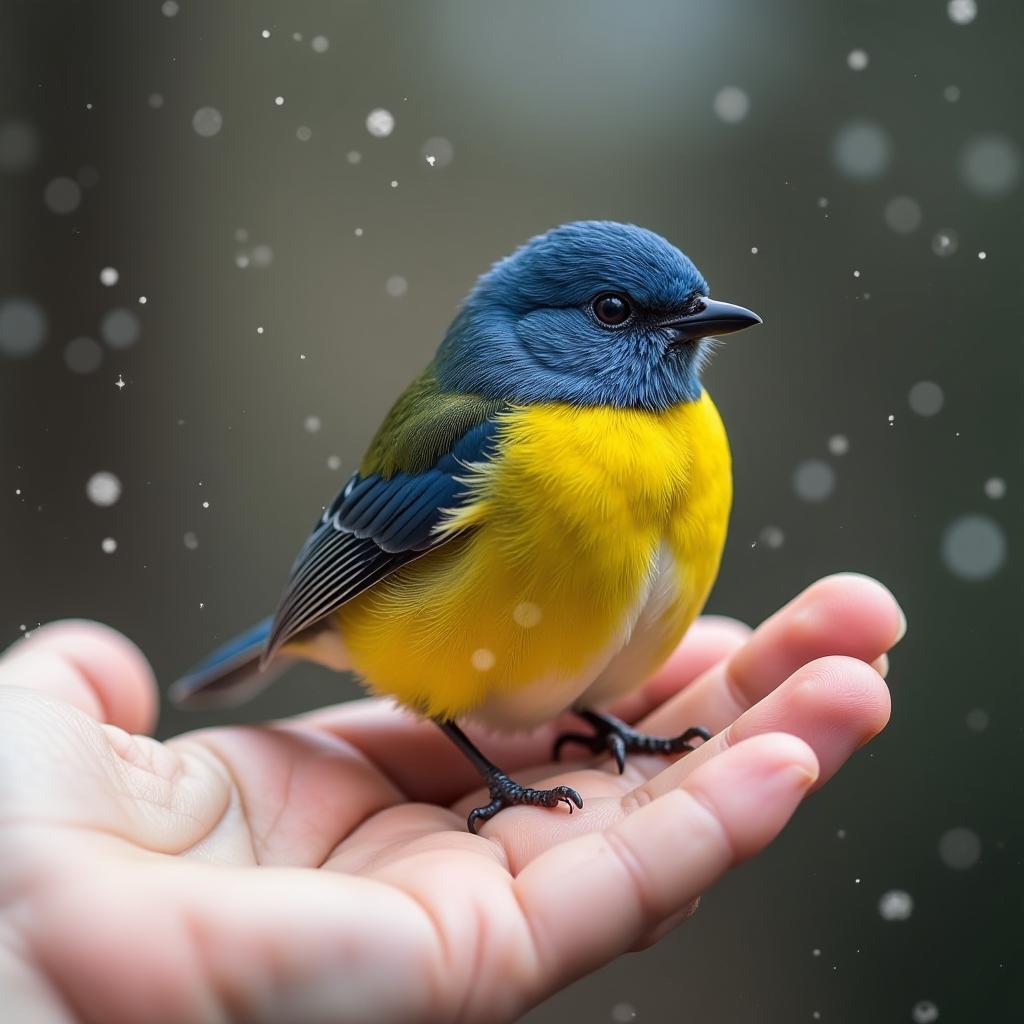  small bird on a hand, cheery, blue and yellow markings, dreary weather