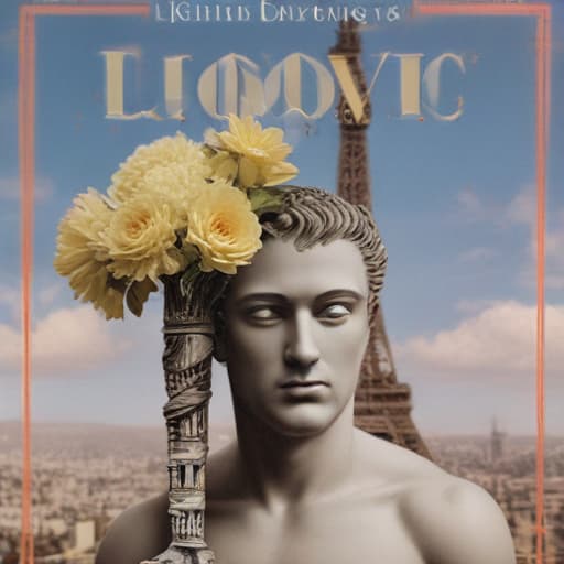 Book cover of book entitled LUDOVIC (in a vogue type font at top of page) a romance novel cult book cover aesthetic, with a collage below the title LUDOVIC featuring : a bacchus head like a Roman statue, a champagne glass, keith baring flower head drawing, and an Eiffel Tower in Oil painting style with City background