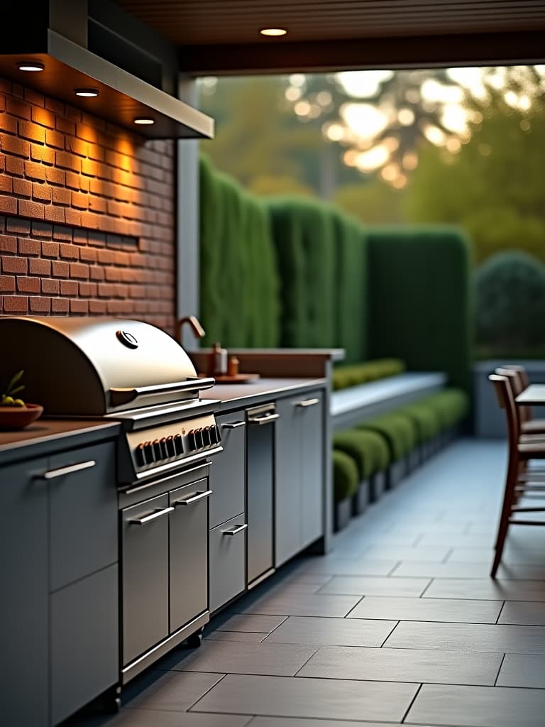  high quality portrait photo of a close up view of a modern outdoor kitchen on a patio, featuring a sleek built in grill, countertop, and bar seating with a backdrop of a beautifully landscaped garden hyperrealistic, full body, detailed clothing, highly detailed, cinematic lighting, stunningly beautiful, intricate, sharp focus, f/1. 8, 85mm, (centered image composition), (professionally color graded), ((bright soft diffused light)), volumetric fog, trending on instagram, trending on tumblr, HDR 4K, 8K