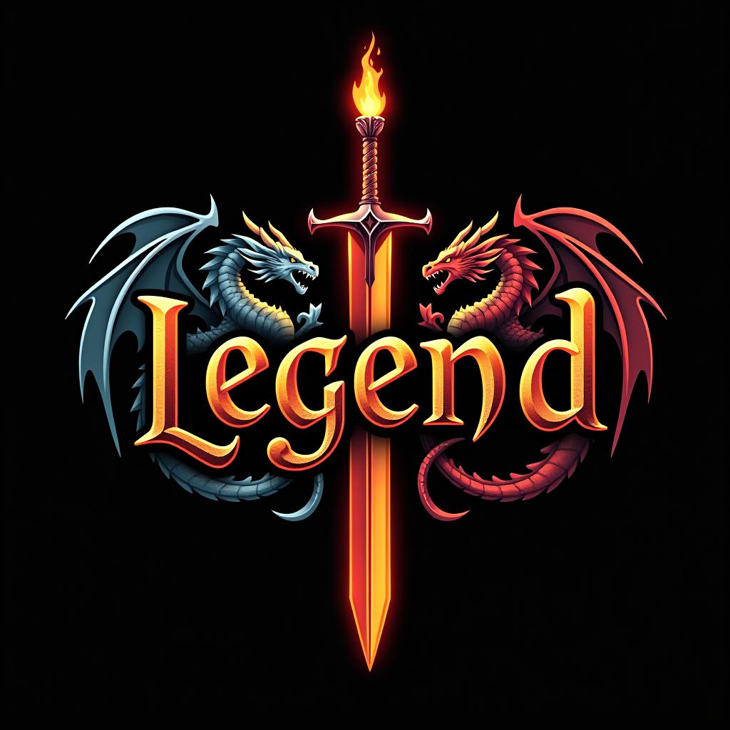  design a logo, custom sticker design on an isolated black background with the words ‘legend’ in bold font decorated by mythical dragons and a flaming sword