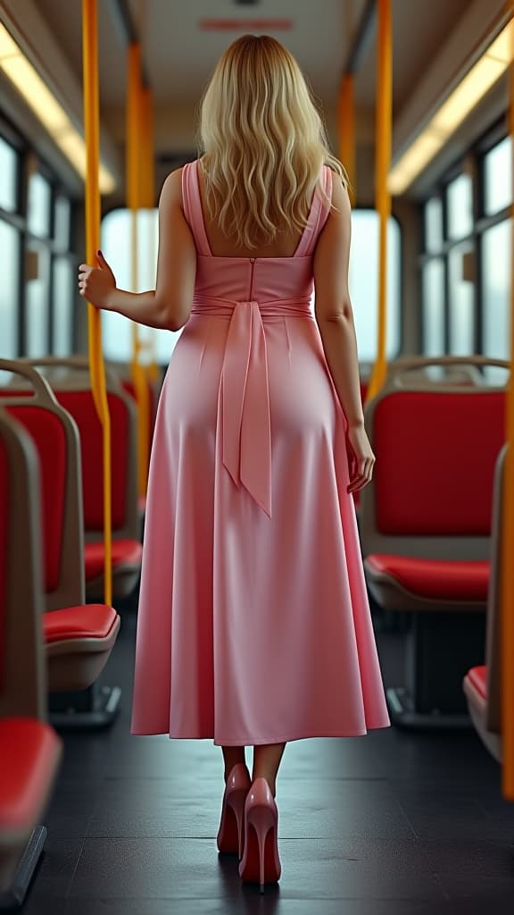  hyperrealistic art {((( 4 old ((chubby)) russian blonde dynamic hair woman))), (((pink long dress))) , (((red long nails))),(( blushes)), ((high heels)), ( ), (((fat legs))), (((( dynamic standing posing legs on town bus )))), ((( dynamic position))), ((vision from back)), (((ultra detailed legs))), ((( ultra detailed feet))), (((ultra detailed ))) } . upscaled , 8k, extremely high resolution details, photographic, (((realism pushed to extreme))) , fine texture, incredibly lifelike, <lora:more details:1>