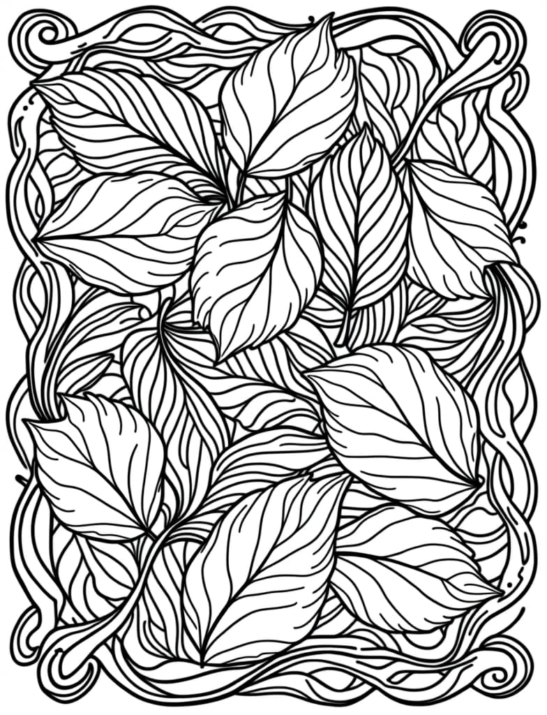  an intricate pattern of intertwined autumn leaves, black and white line art on a white background, for an adult coloring page.