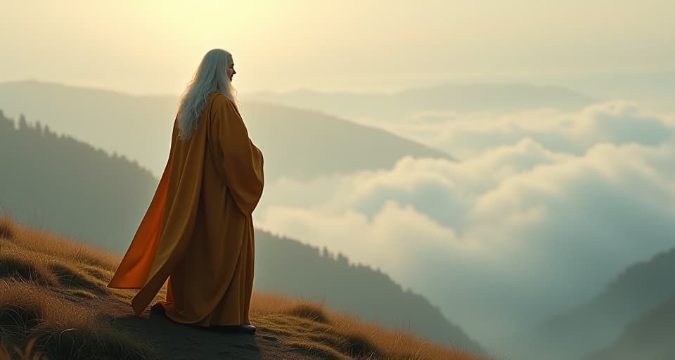  a serene, wise sage dressed in radiant, flowing robes, standing on a hill overlooking a foggy valley. the sage's expression is one of deep contemplation, suggesting a decision to hold off despite pressure.. the style is digital art illustration,highly detailed, whimsical,magical, dreamlike atmosphere, realism and fantasy blend, smooth, glossy textures,luminous quality, wonder and enchantment.